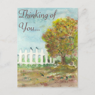 Carte Postale Picket d'automne et arbre avec oiseaux Aquarelle