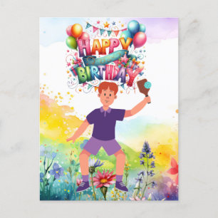 Carte Postale Pickleball Anniversaire avec fleurs et arc-en-ciel