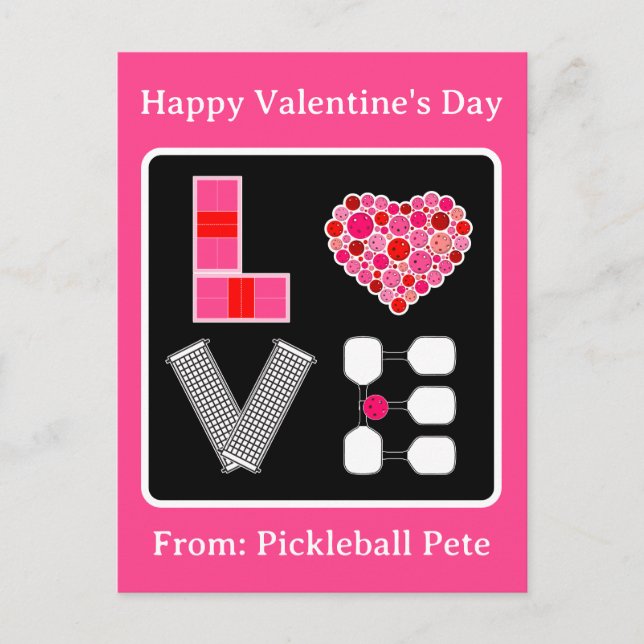 Carte Postale Pickleball Love Heart Court Balls Paddles Pink Red (Devant)