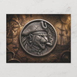 Carte Postale Pièce de monnaie vintage pirate chat Hobo Nickel