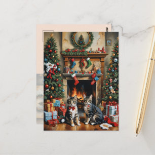 Carte Postale Pièce décorée de façon festive, cheminée, chats, v