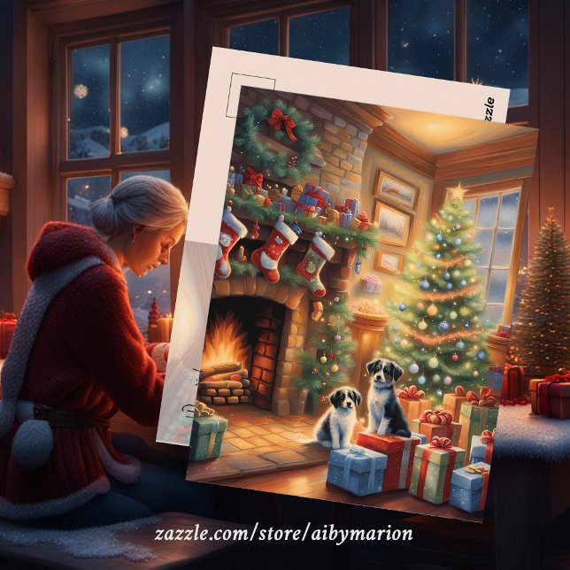 Carte Postale Pièce décorée de façon festive, cheminée, chiens,  (Créateur téléchargé)