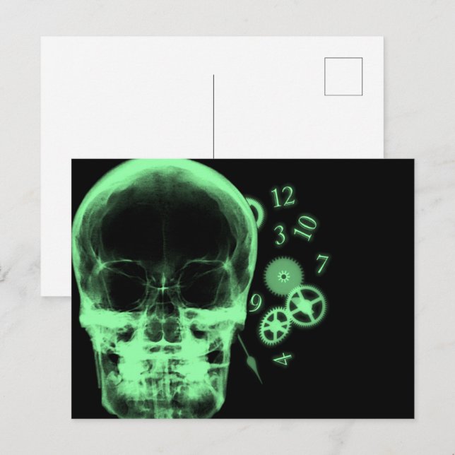 Carte Postale Pièces de crâne et d'horloge à rayons X - Vert (Devant / Derrière)