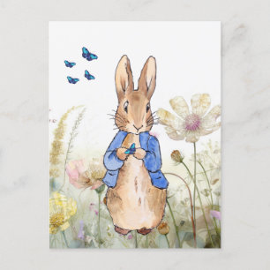 Carte Postale Pierre le lapin fleur sauvage et papillons bleus