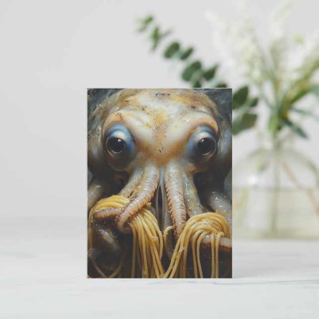 Carte Postale Pieuvre drôle mangeant des spaghetti (Debout devant)