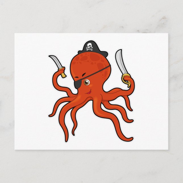 Carte Postale Pieuvre en pirate avec épée et couteau (Devant)