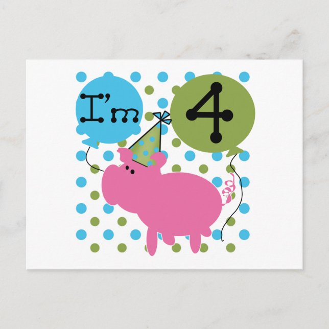 Carte Postale Pig 4th Birthday Tshirts et cadeaux (Devant)