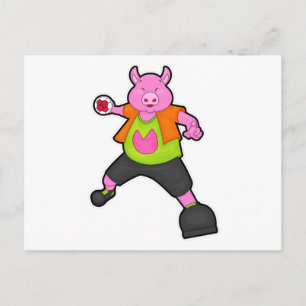 Carte Postale Pig at Handball player avec Handball
