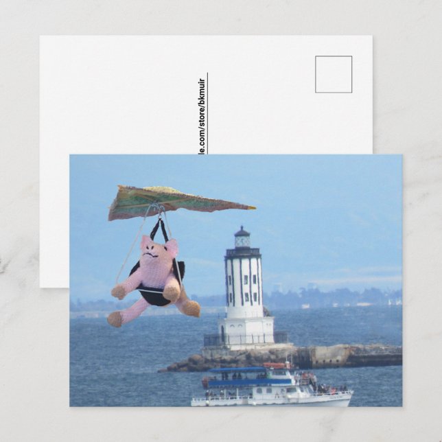 Carte postale - Pig volant au-dessus du phare LA H (Devant / Derrière)
