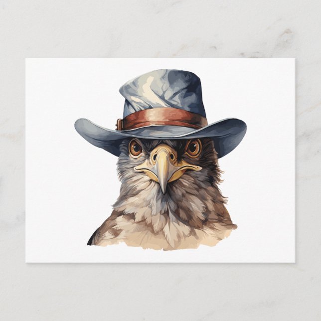Carte Postale pigeon drôle portant un casquette cowboy, aquarell (Devant)