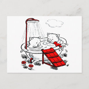 Carte Postale Piggies vintages & Oiseau Dans Le Bain