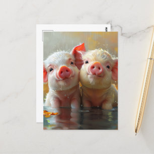 Carte Postale Piglets adorables dans la pluie