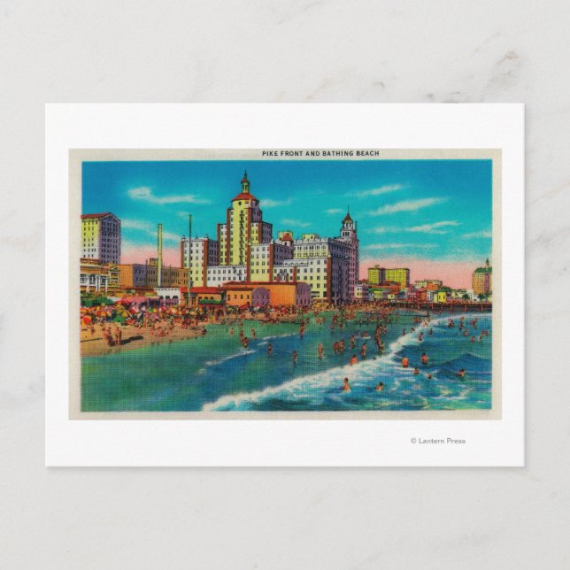 Carte Postale Pike Front et plage de baignade, Long Beach (Devant)