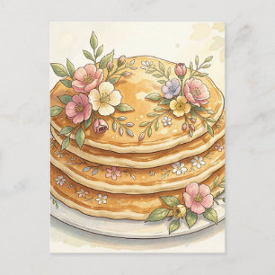 Carte Postale Pile de crêpes florales aquarelle