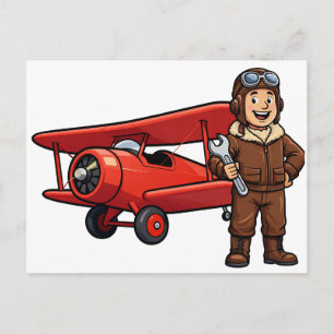 Carte Postale Pilote Vintage avec Dessin Animé de Biplan Rouge