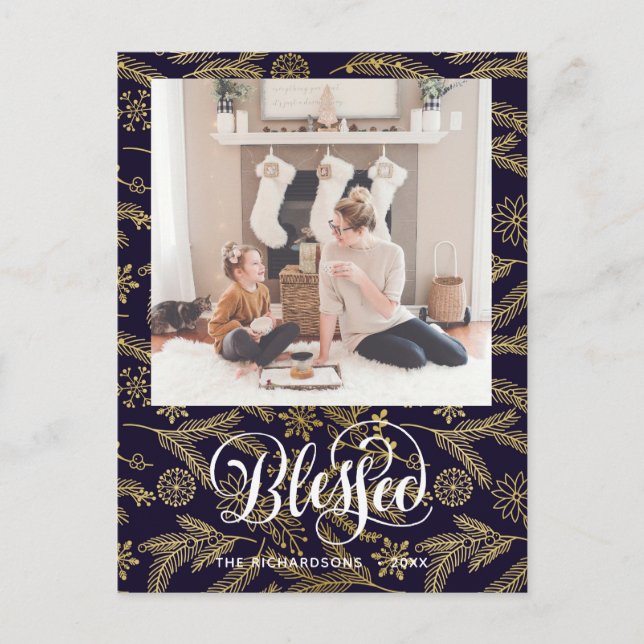 Carte Postale Pin d'or bleu moderne Bouton Élégant Script BÉNÉFI (Devant)