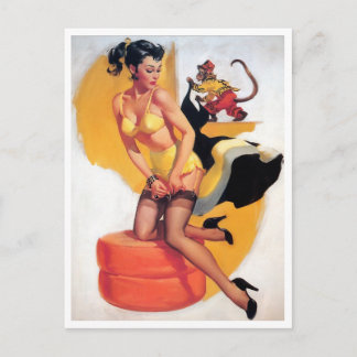 Carte Postale Pin Up Brunette Monkey Business Vintage