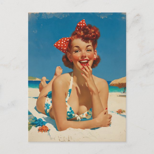 Carte Postale Pin-Up de la Plage Rétro (Devant)