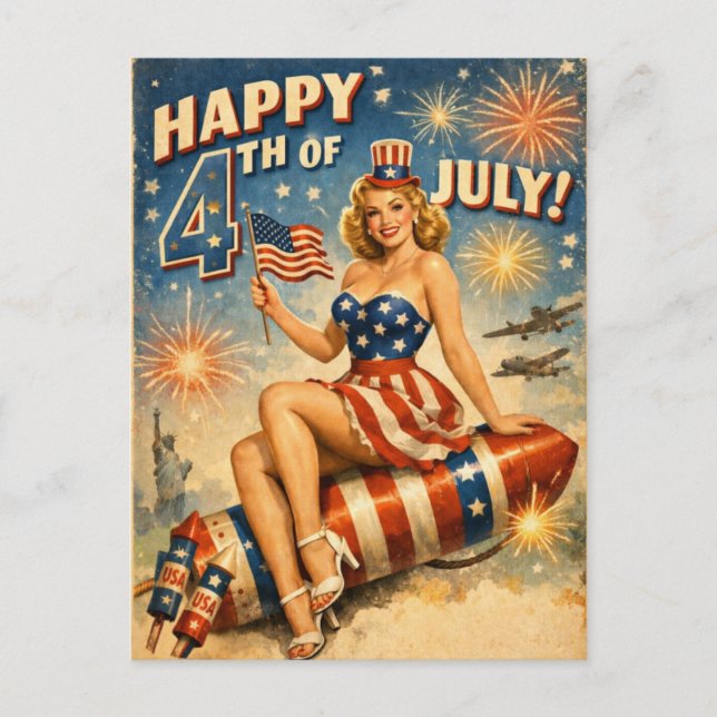 Carte postale pin-up vintage du 4 juillet (Devant)