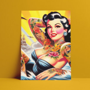Carte Postale Pinceau de tatouage vintage Beach
