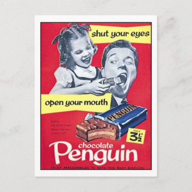 Carte Postale Pingouin au chocolat Annonce vintage (Devant)