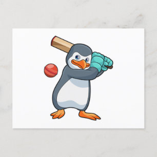 Carte Postale Pingouin au cricket avec chauve-souris de cricket