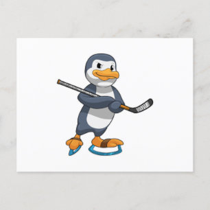 Carte Postale Pingouin au hockey sur glace avec bâton de hockey
