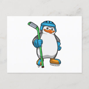 Carte Postale Pingouin au hockey sur glace avec bâton de hockey 
