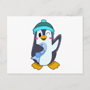 Carte Postale Pingouin avec poisson et Casquette