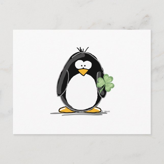 Carte Postale Pingouin avec un Shamrock (Devant)