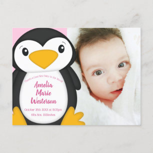 Carte Postale Pingouin Baby shower fille rose
