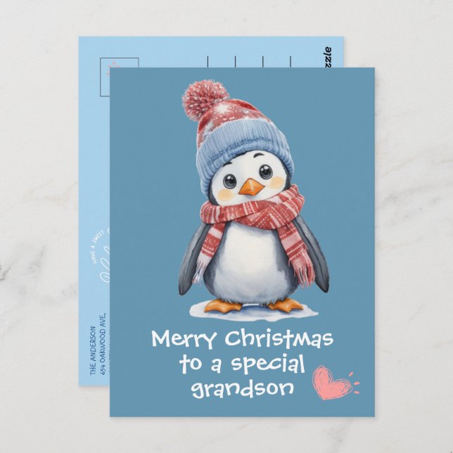 Carte Postale Pingouin Bébé Bleu mignon pour les enfants Noël (Devant / Derrière)