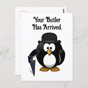 Carte Postale Pingouin Butler avec Parapluie mignonne Cartoon Oi