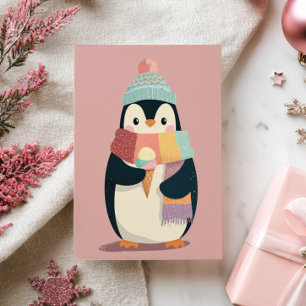 Carte Postale Pingouin Cartoony mignonne Manger Crème de glace N