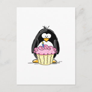 Carte Postale Pingouin d'anniversaire avec Cupcake
