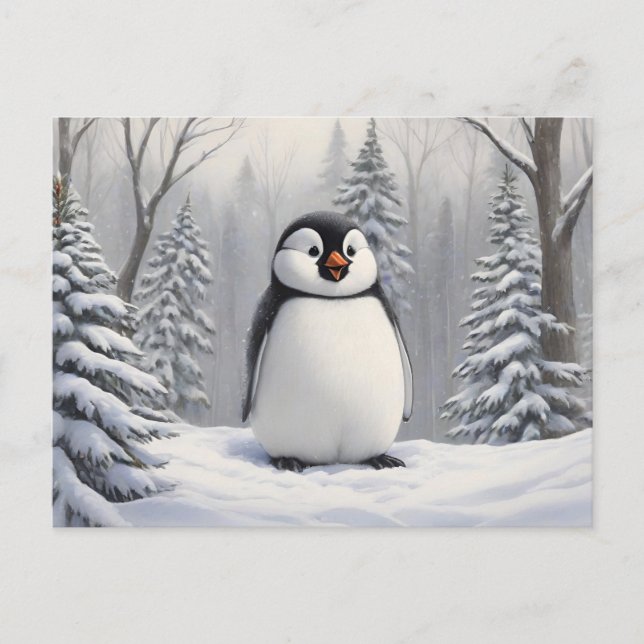 Carte Postale Pingouin dans un arrière - plan d'arbre à neige (Devant)