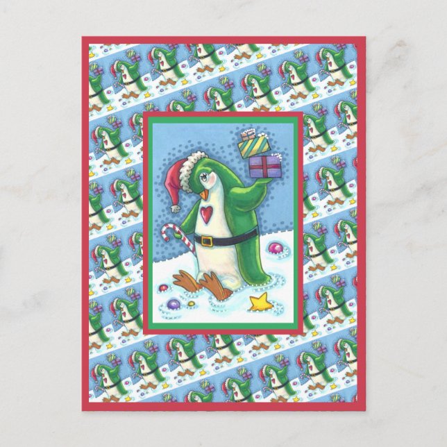 CARTE POSTALE PINGOUIN DE NOËL FRAÎCHE EN VERT, VACANCES (Devant)