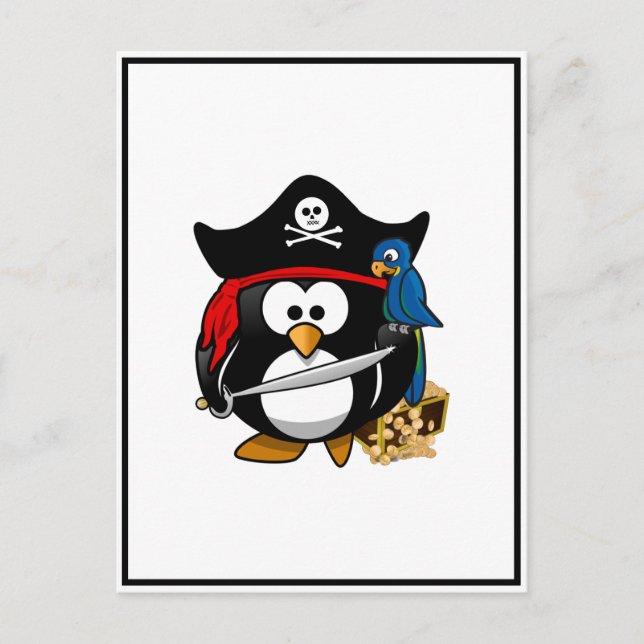 Carte Postale Pingouin de pirate mignon avec coffre au trésor (Devant)