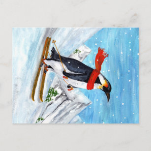 Carte Postale Pingouin de style vintage Ski de descente