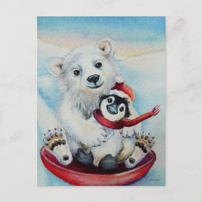 Carte Postale Pingouin de Whimsical et Ours Polaire Aquarelle Ar (Devant)