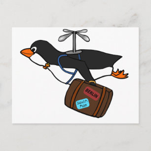 Carte Postale Pingouin d'hélicoptère volant avec valise