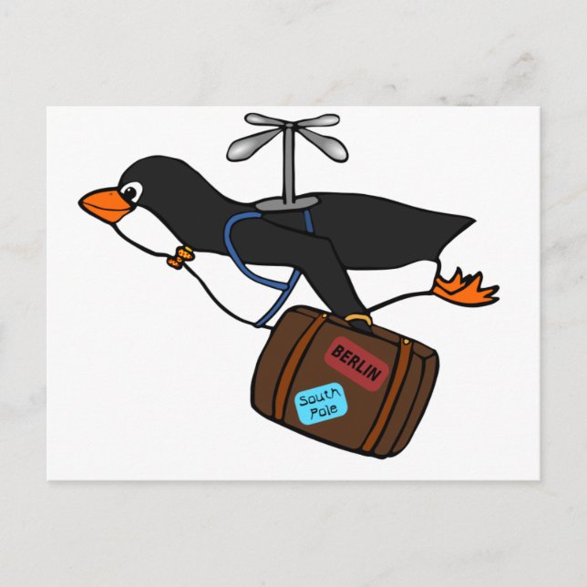 Carte Postale Pingouin d'hélicoptère volant avec valise (Devant)