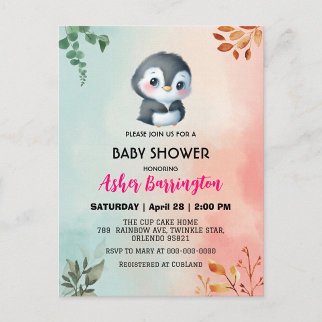 Carte Postale Pingouin doux mignon baby shower de fleurs de prin (Devant)