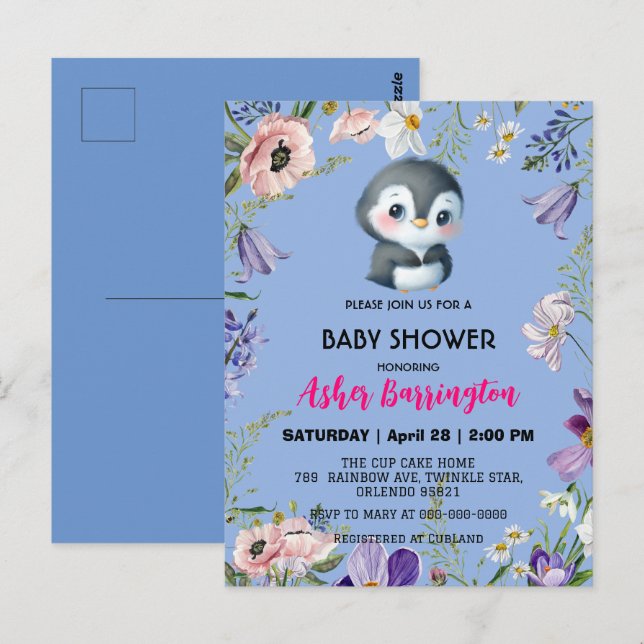 Carte Postale Pingouin doux mignon baby shower de fleurs rustiqu (Devant / Derrière)