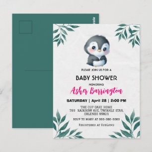 Carte Postale Pingouin doux printemps Feuille baby showers enfan