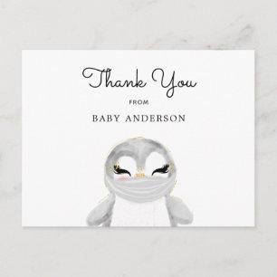 Carte Postale Pingouin en Masque Baby shower Merci