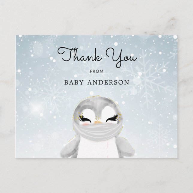 Carte Postale Pingouin en Masque Baby shower Merci (Devant)