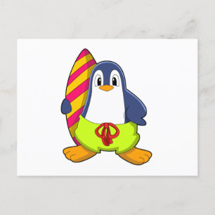 Carte Postale Pingouin en surfeur avec planche de surf