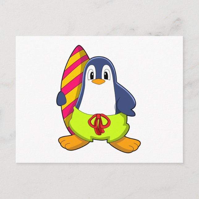 Carte Postale Pingouin en surfeur avec planche de surf (Devant)
