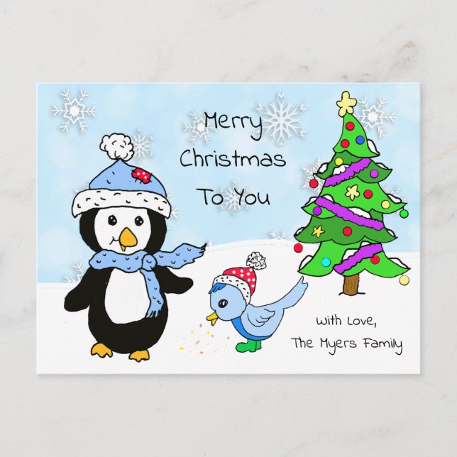 Carte Postale Pingouin et oiseau de Noël blanc (Devant)